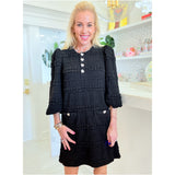 Black Textured Heart Button Newton Dress w/ Pockets