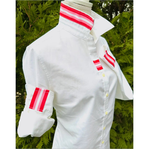 Handmade Pink & Red Grosgrain Ribbon White Oxford Shirt