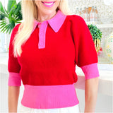 Pink & Red Button Front Fine Knit Margot Top