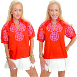 Orange & Pink Embroidered Ruffle Neck Pearl Top