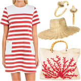 Red & White Gold Button Knit Sails Dress w/ Keyhole Back