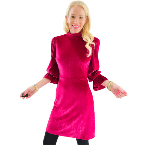 Pink Berry Ruffle Sleeve Velvet Stephanie Dress