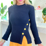 Navy Gold Button Knit Lucille Top