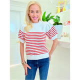 Red Stripe Gold Button Puff Sleeve Darcy Sweater