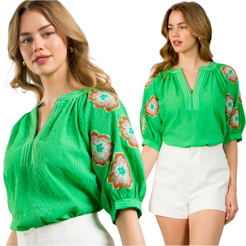 Green Embroidered Paulson Top