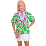 Green & Pink Scalloped Neckline Breakers Top