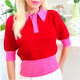 Pink & Red Button Front Fine Knit Margot Top