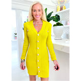 Citrine Knit Long Sleeve Nala Dress w/ Gold Shank Buttons