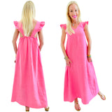 Flamingo Pink Linen Ruffle Shoulder Naples Dress w/ Pockets