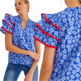 Blue & Red RicRac Kristen Top w/Shirred Ruffle Neck