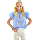 Blue Ruffle Neck Pinstripe Everly Top