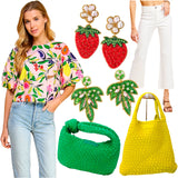 Pink Bubble Sleeve Fruity Top w/Keyhole Back