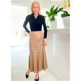 Camel Leather Fit & Flare Celine Skirt