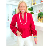 Crimson Red Scallop Trim Cotton Hunter Top