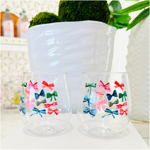 Bows Galore Coozie & Plastic Stemless Wine Glasses, made from Recycled Plastic