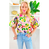 Pink Bubble Sleeve Fruity Top w/Keyhole Back