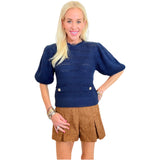 Navy Gold Button Puff Sleeve Hunter Sweater