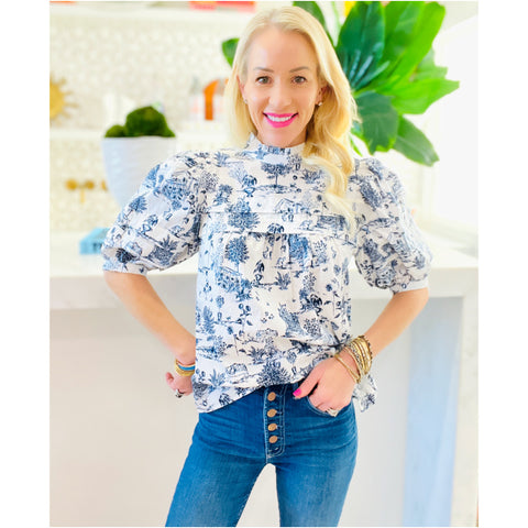 Navy Toile Ruffle Trim Renzo Top
