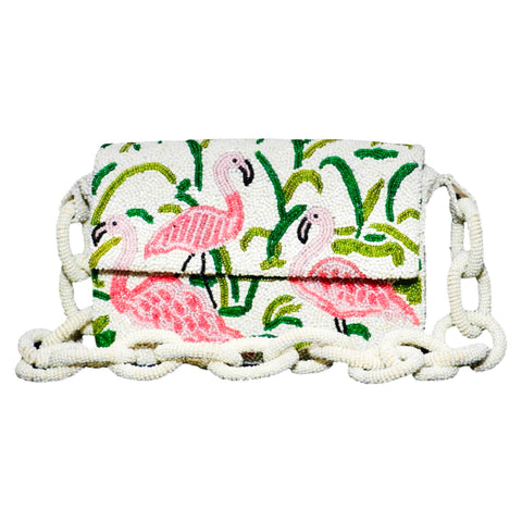 (4 Styles) Hand Beaded Chain & Bamboo Flamingo & Floral Bag