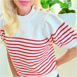 Red Stripe Gold Button Puff Sleeve Darcy Sweater