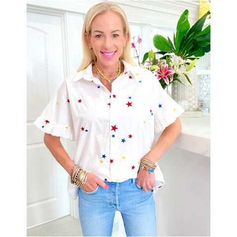 Star Embroidered Cotton Ruffle Sleeve Americana Top