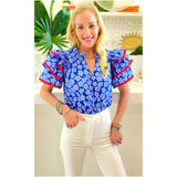 Blue & Red RicRac Kristen Top w/Shirred Ruffle Neck