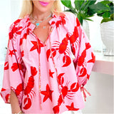 Lobster & Starfish Cotton Bahama Top w/ Adjustable Sleeve Ties