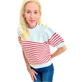 Red Stripe Gold Button Puff Sleeve Darcy Sweater