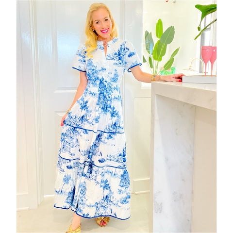 Blue Toile Smocked Waist Janson Dress w/Blue Piping