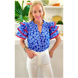 Blue & Red RicRac Kristen Top w/Shirred Ruffle Neck