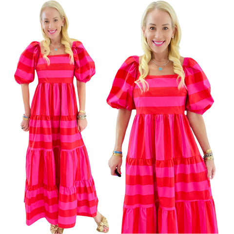 Pink & Red Puff Sleeve Lowndes Dress