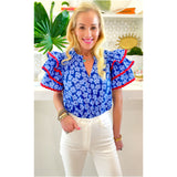 Blue & Red RicRac Kristen Top w/Shirred Ruffle Neck