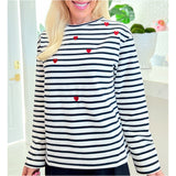 Navy Stripe Embroidered Hearts Terry Knit Chelsie Top