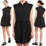 Black Poplin Pleated Shoulder Ashton Shirt Dress
