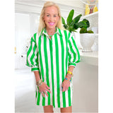 Green Cabana Stripe Pleated Back Cotton Moritz Dress