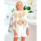 Embroidered Argyle Knit Tank & Gold Button Cardigan Jacket