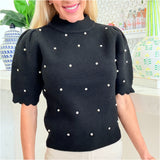 Black Scalloped Mia Sweater w/ Rhinestone & Pearls