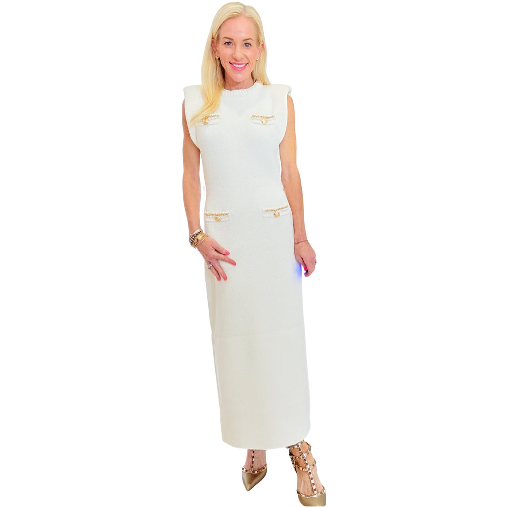 Ivory Gold Detail Knit Carrie Maxi Dress - James Ascher Ivory Gold Detail Knit Carrie Maxi Dress - James Ascher
