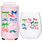 Bows Galore Coozie & Plastic Stemless Wine Glasses, made from Recycled Plastic