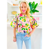 Pink Bubble Sleeve Fruity Top w/Keyhole Back