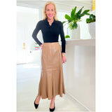 Camel Leather Fit & Flare Celine Skirt