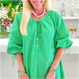 Green Stripe Bow Sleeve Cotton Steffi Romper Dress