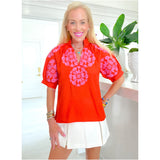 Orange & Pink Embroidered Ruffle Neck Pearl Top