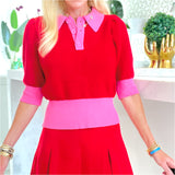 Pink & Red Button Front Fine Knit Margot Top