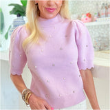 Lilac Scalloped Mia Sweater w/ Rhinestone & Pearls