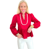 Crimson Red Scallop Trim Cotton Hunter Top