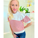 Red Stripe Gold Button Puff Sleeve Darcy Sweater