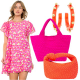 Pink & Orange Ruffle Trim Linen Blend Happy Hearts Dress