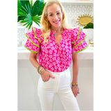 Pink & Green RicRac Kristen Top w/Shirred Ruffle Neck
