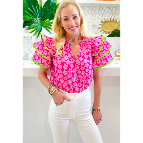Pink & Green RicRac Kristen Top w/Shirred Ruffle Neck